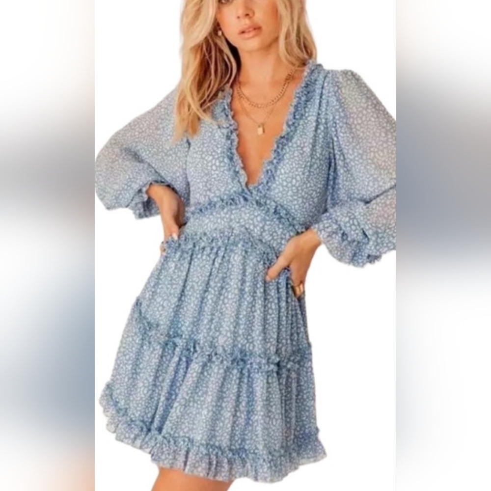 Elegant Blue Ruffle Dress. Size M